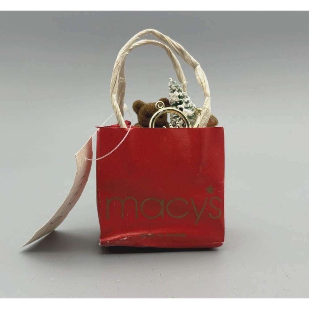 Vintage Christmas ornament Macy's shopping bag filled with toys NOS NWT 1980's